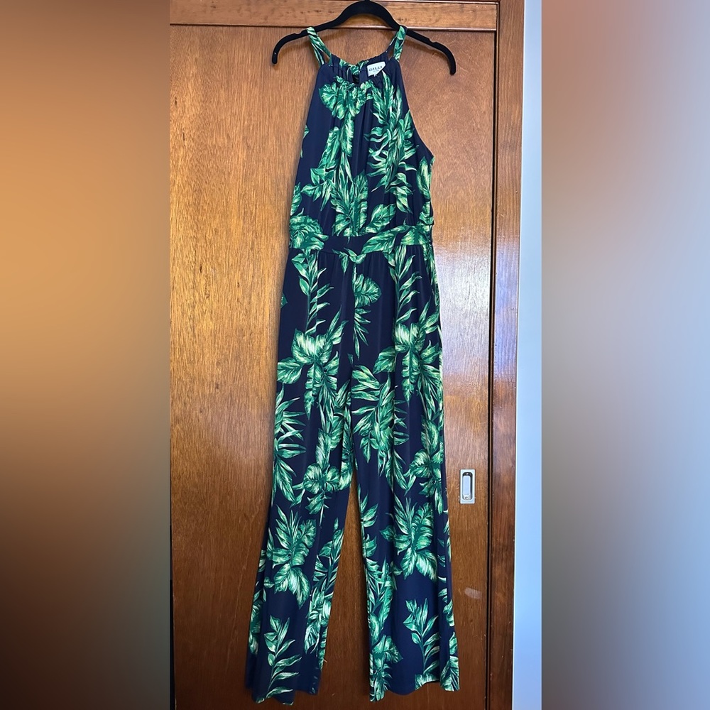 Gilli Navy and Green Leaf Print Jumpsuit
